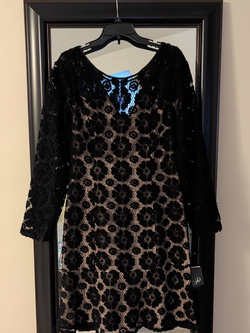 Adrianna Papell Black Lace Floral Overlay Long Sleeve LBD Cocktail Dress